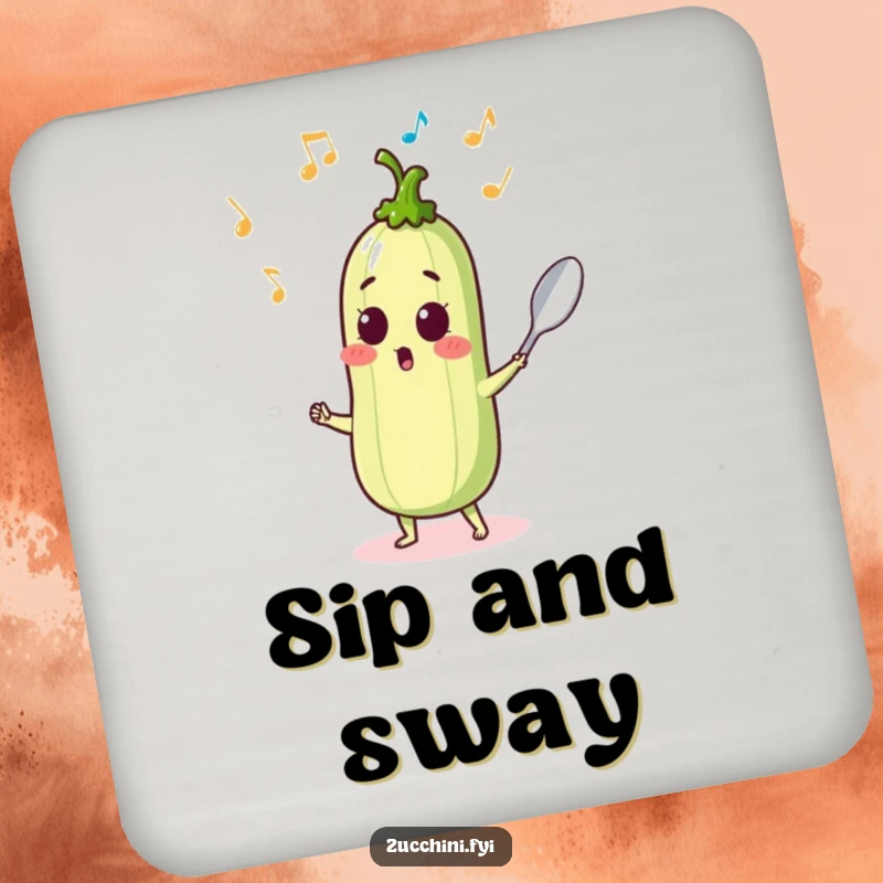 Funny surprised zucchini dancing with a spoon and musical notes on a coaster, musical humor.