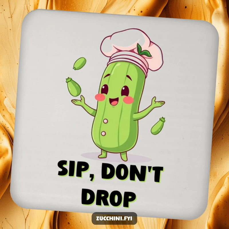 Funny drink coaster showing a zucchini in a chef hat, gleefully juggling small zucchinis, perfect for protecting surfaces with culinary flair.