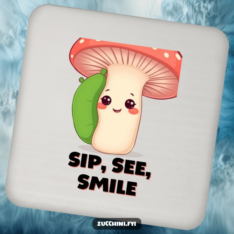 Funny curious zucchini coasters depicting a zucchini peeking from behind a smiling mushroom, protecting tables with whimsical garden humor.