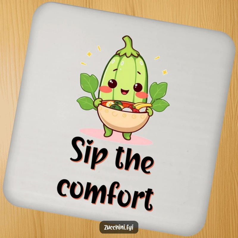 Funny cheerful zucchini coasters featuring a smiling vegetable offering a steaming bowl, guarding tables with warmth and smiles.