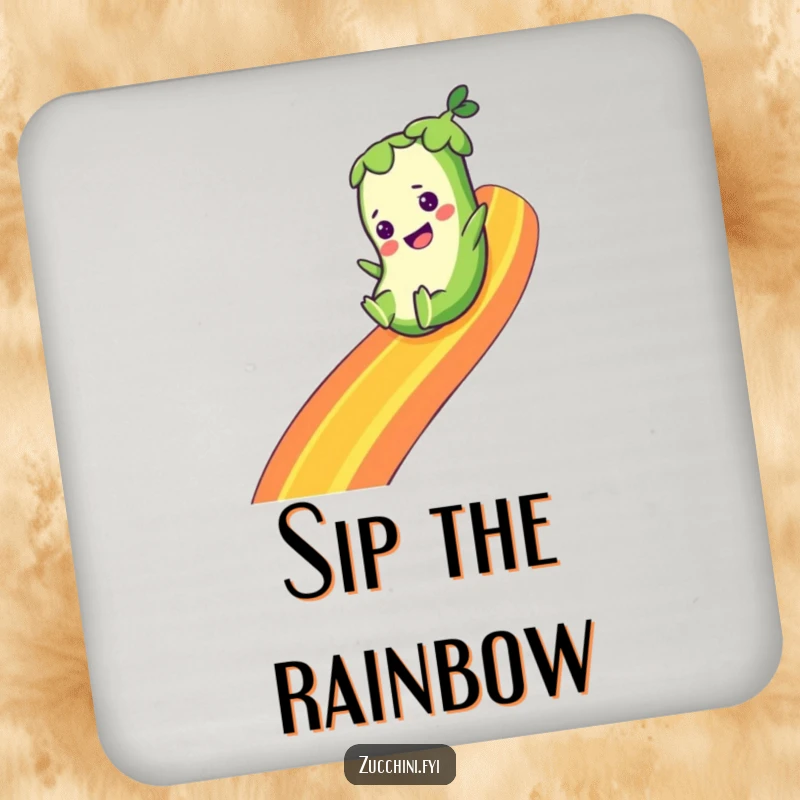 Funny drink coaster showing a zucchini character joyfully sliding down a vibrant rainbow, perfect for protecting surfaces with a touch of whimsy.