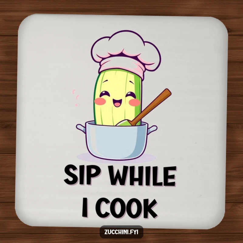 Funny kawaii zucchini drink coaster, featuring a cute chef zucchini stirring a pot, protecting surfaces with a funny and culinary design.
