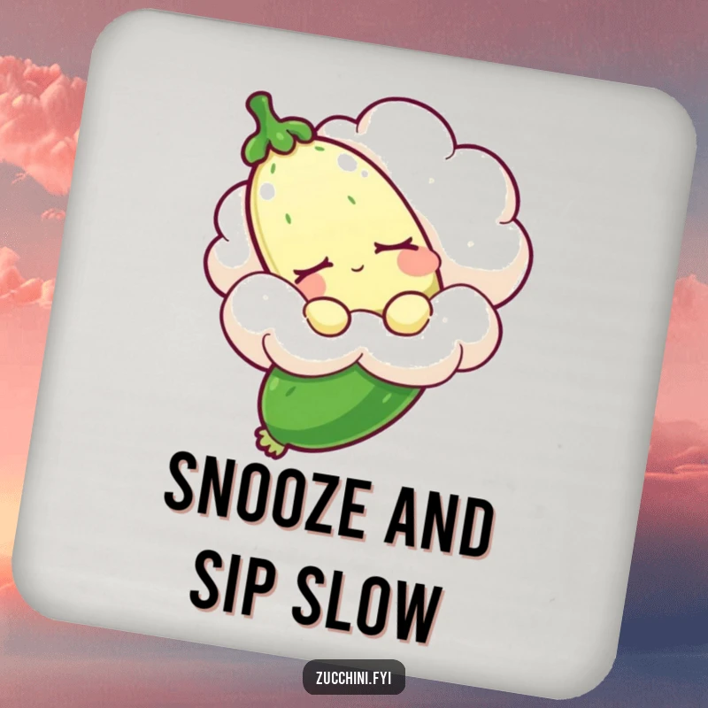 Funny sleepy zucchini coasters depicting a drowsy zucchini on a cloud, protecting tables with a whimsical and humorous design.