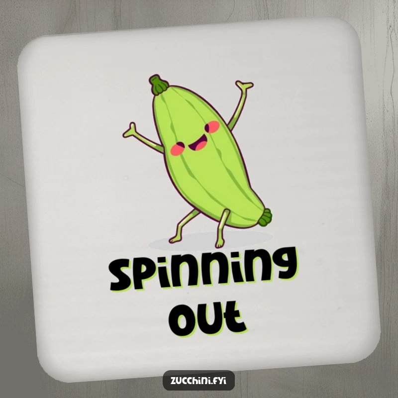 Funny kawaii zucchini attempting a wobbly cartwheel, a comical and durable drink coaster for any surface.