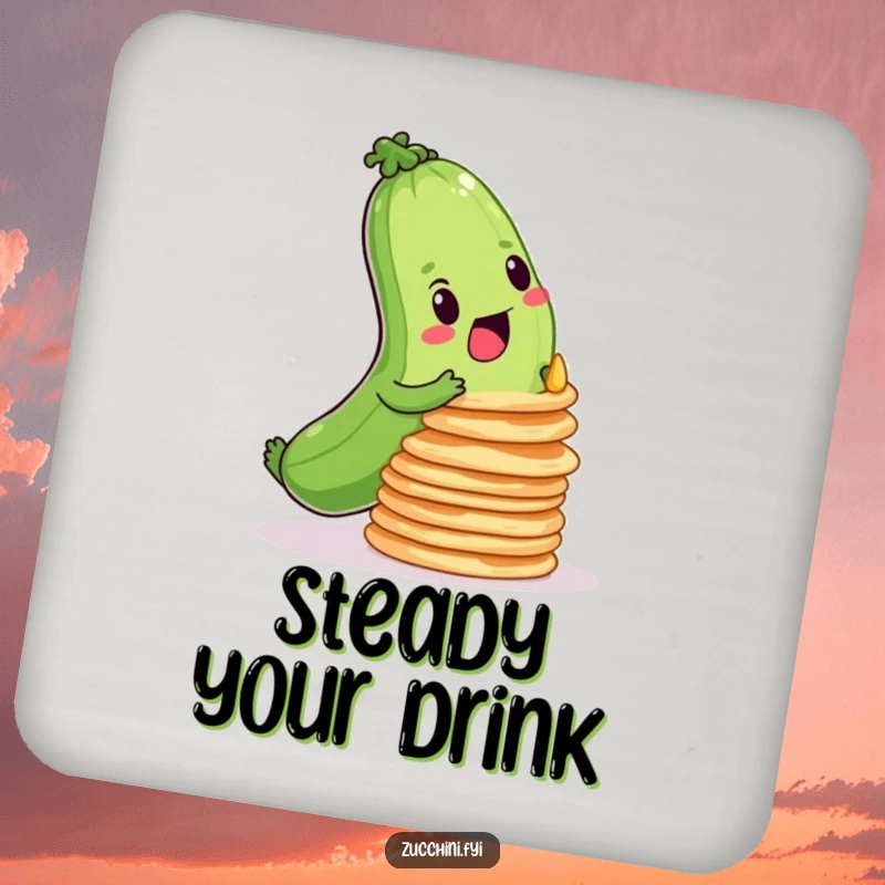 Funny drink coasters showing a determined zucchini balancing a stack of wobbly pancakes, adding resolve to your table.