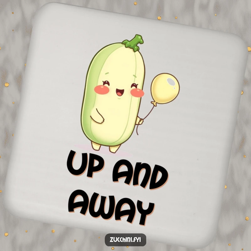 Funny drink coaster, a delighted zucchini with rosy cheeks holding a small balloon, protecting surfaces with whimsical flair.