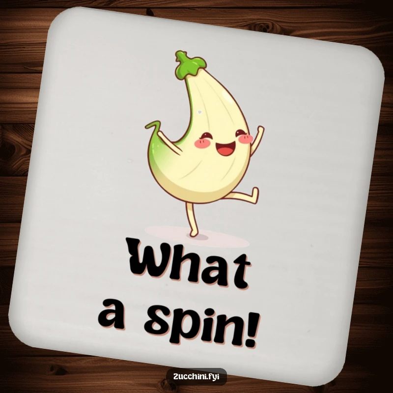 Funny drink coaster with a zucchini performing a cartwheel, wearing a big, happy grin.
