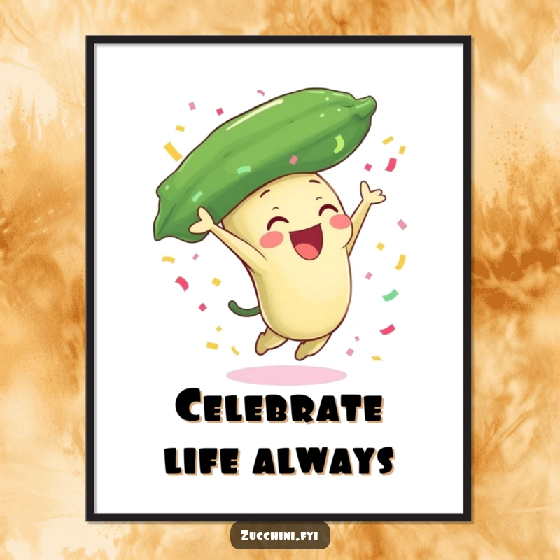 Funny zucchini poster featuring a joyful zucchini character leaping and showering confetti, creating festive, humorous, and lively wall art.