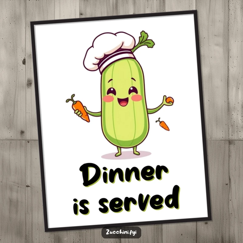 Funny zucchini in a chef hat joyfully juggling tiny carrots, displayed as vibrant wall art on a poster.