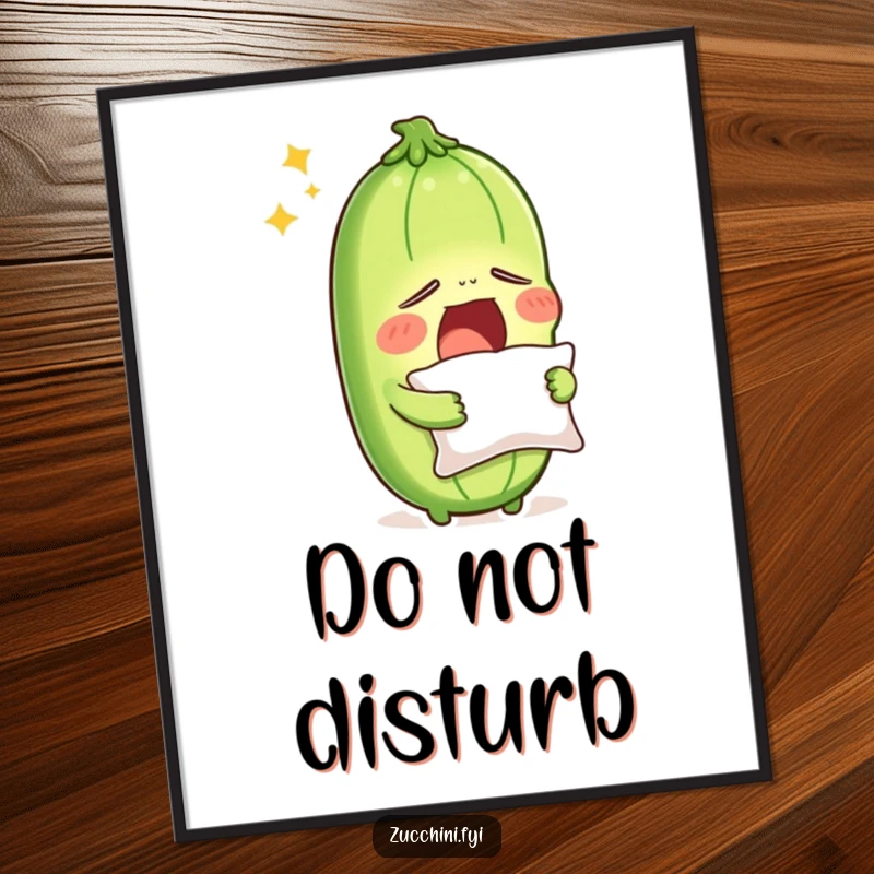Funny sleepy zucchini yawning widely, holding a small pillow, on a poster, a humorous and relatable depiction of exhaustion and comfort.
