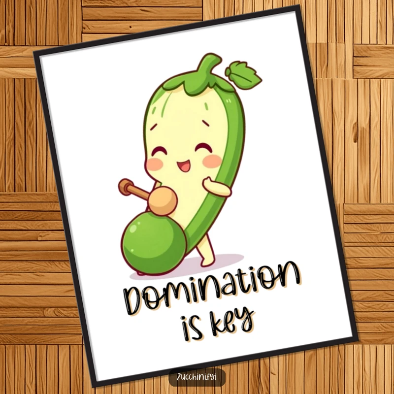 Funny Zucchini Mallet Poster depicting a zucchini character playfully bopping a miniature zucchini with a tiny mallet.