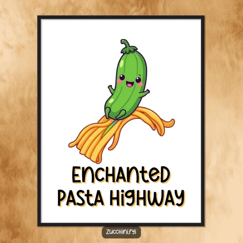 Happy zucchini sliding down a pasta strand rainbow, a whimsical and funny wall art print.