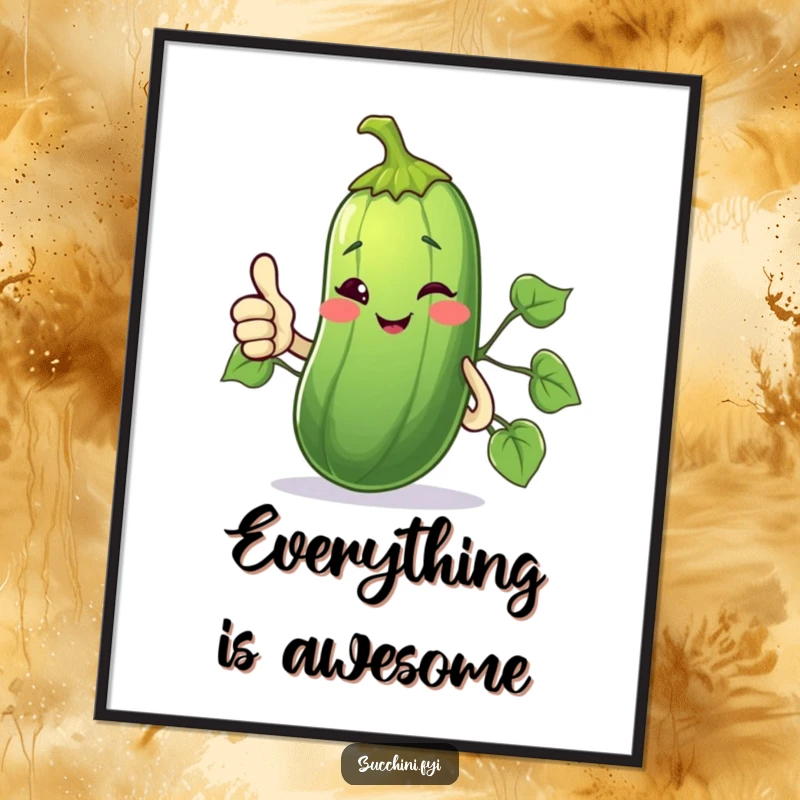Funny Poster showing a winking zucchini giving a thumbs up with its vine, conveying approval and fun.