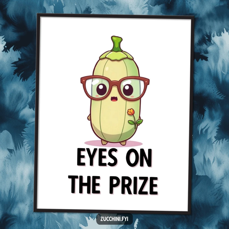 Funny poster showcasing a zucchini with oversized glasses, expressing comical surprise at a tiny green sprout, a humorous piece of wall art.