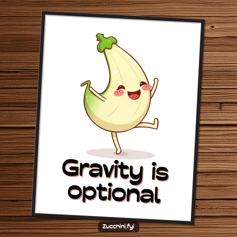 Funny poster art of a happy zucchini executing a perfect cartwheel with a wide, grinning smile.