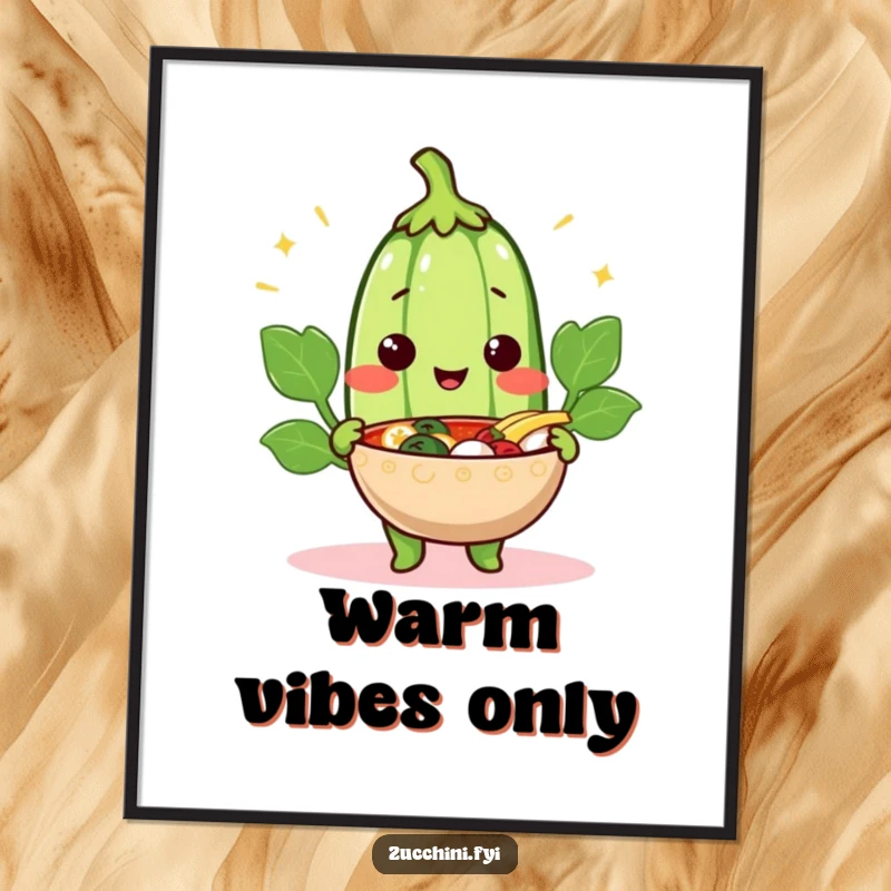 Funny cheerful zucchini poster of a smiling vegetable offering a steaming bowl, a warm and humorous piece of wall art.