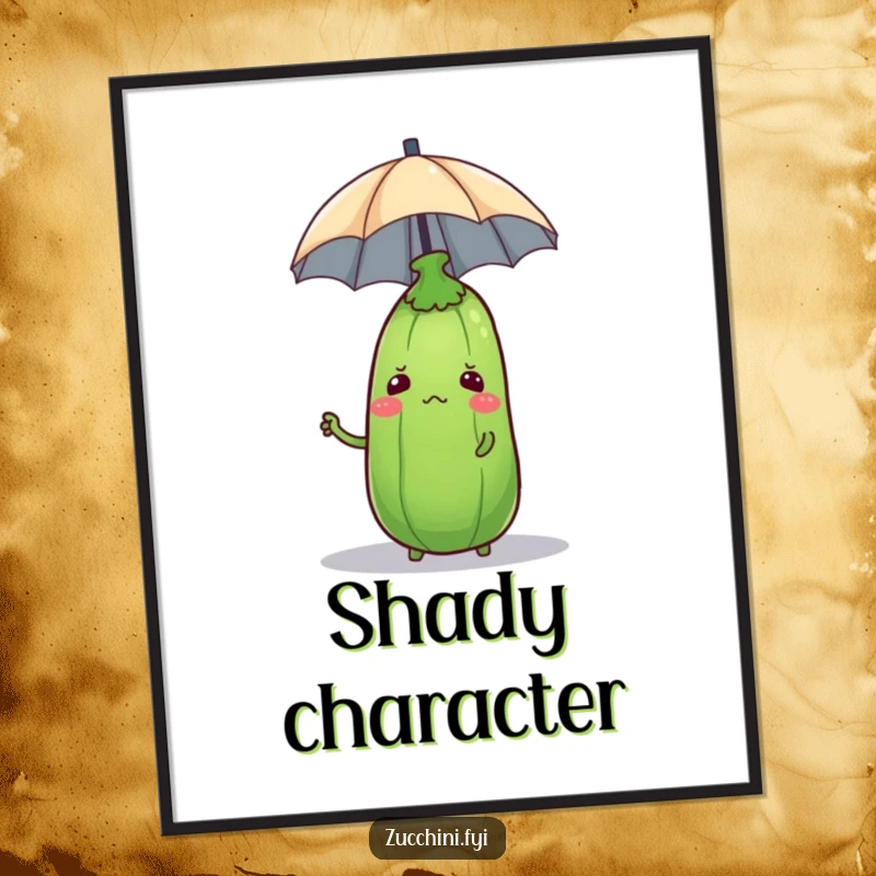 A poster featuring a confused zucchini trying to balance a tiny umbrella on its head, evoking gentle humor.