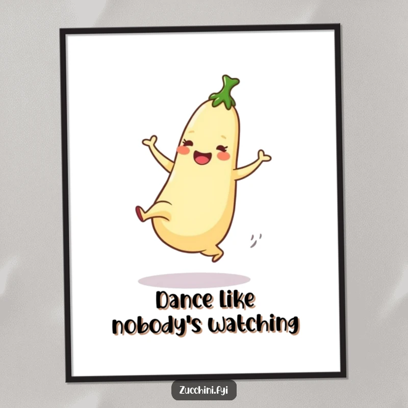 Funny Poster showing a dancing zucchini enthusiastically performing a high kick with joyful energy.