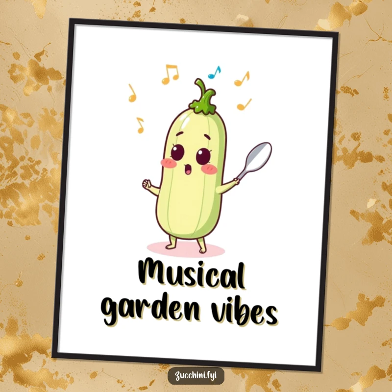 Surprised zucchini sprouting musical notes while dancing with a spoon, a musical and funny wall art.