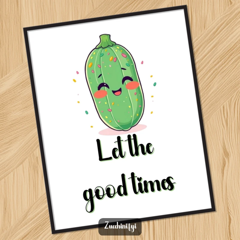 Funny poster art of a zucchini beaming with laughter, dusted with a playful scattering of confetti.