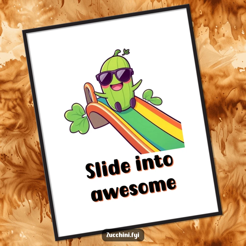 Funny Giggling Zucchini Poster: A cool zucchini in sunglasses zooms down a vibrant rainbow slide, bringing energetic and humorous wall art.