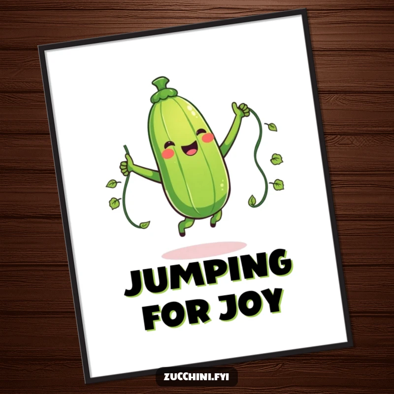 Funny poster showing a giggling zucchini character jumping rope with a vine, capturing movement, fitness, and vegetable-themed amusement.