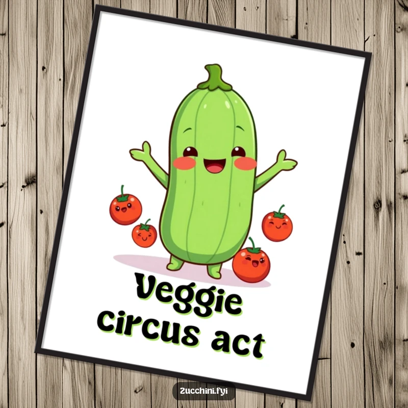 Funny kawaii zucchini poster art, depicting a smiling zucchini juggling happy tomatoes, bringing a funny and cheerful mood to any wall.