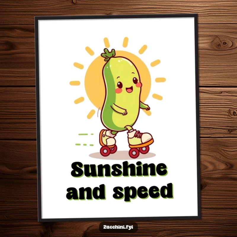 A vibrant poster showcasing a funny zucchini in roller skates speeding past a cartoon sun, full of energy.
