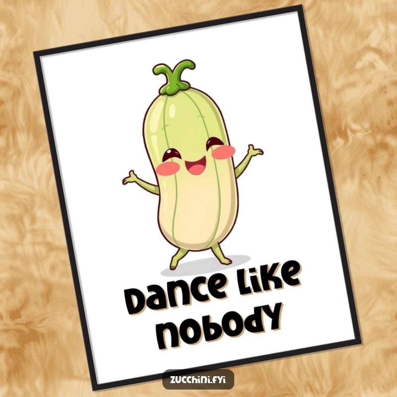 Funny poster capturing a giggling spiralized zucchini character in a dynamic, silly dance pose, radiating pure happiness and fun.