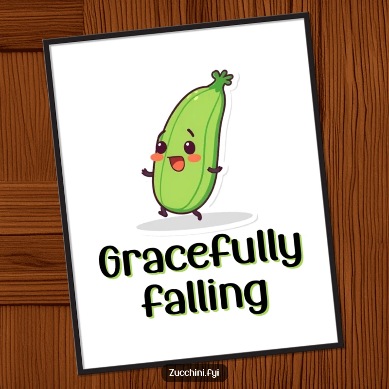 Funny poster of a wobbly zucchini character tripping over its feet with a surprised grin, perfect for quirky decor.