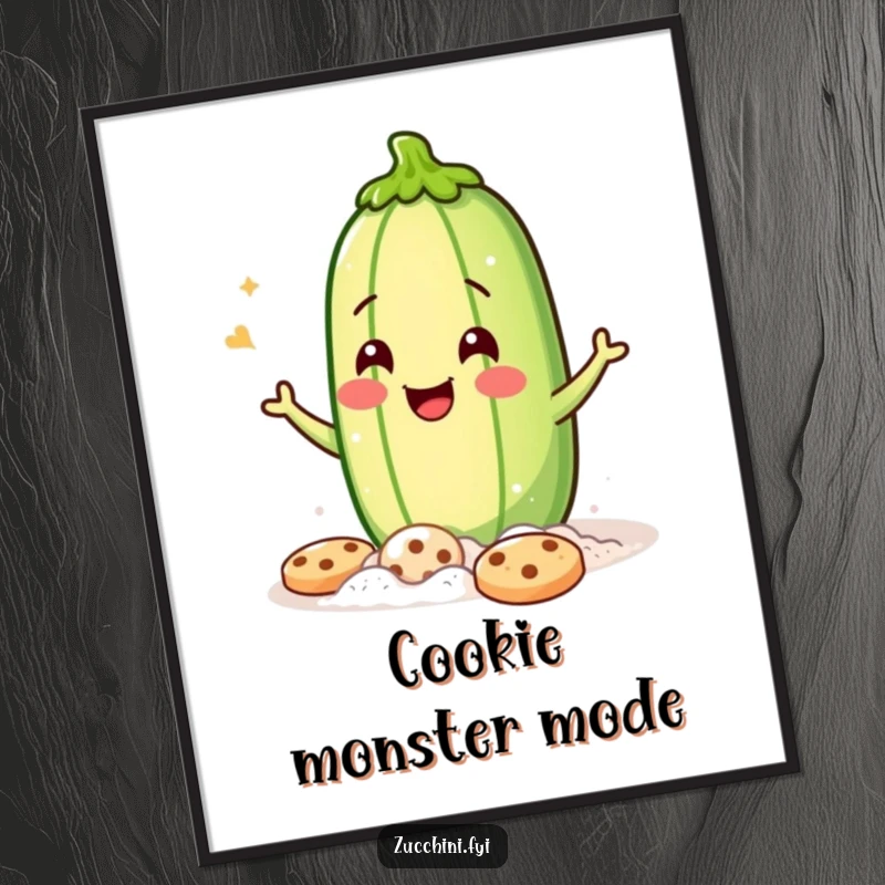 Funny Poster: A jubilant zucchini covered in flour, winking playfully while baking cookies, bringing hilarious kitchen art.
