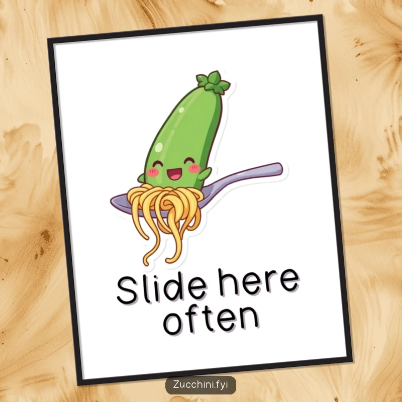 Funny poster capturing a smiling zucchini noodle character sliding down a spoon, a charming and humorous piece of wall decor.