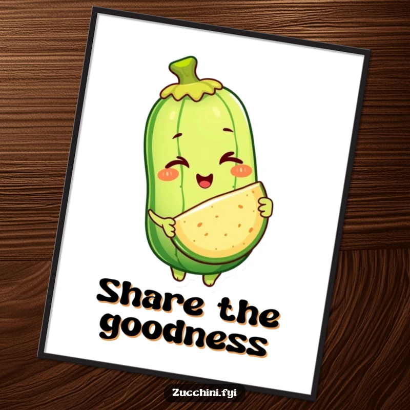 Funny poster showcasing a winking anthropomorphic zucchini character generously offering a slice of itself, creating a humorous and attention-grabbing piece of art.
