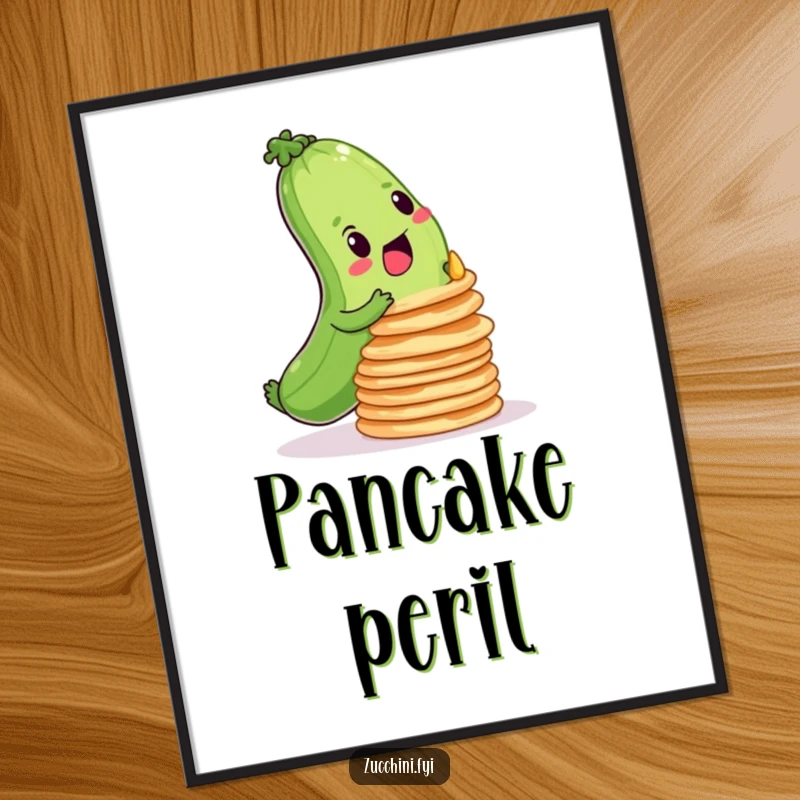 Funny poster illustrating a determined zucchini striving to balance a precarious stack of wobbly pancakes, motivational decor.