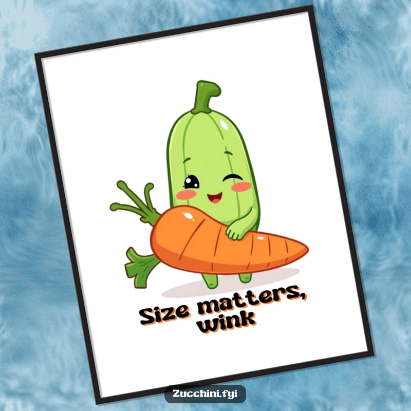 Funny poster of a winking zucchini holding a comically large carrot, adding humorous vegetable art to any room.