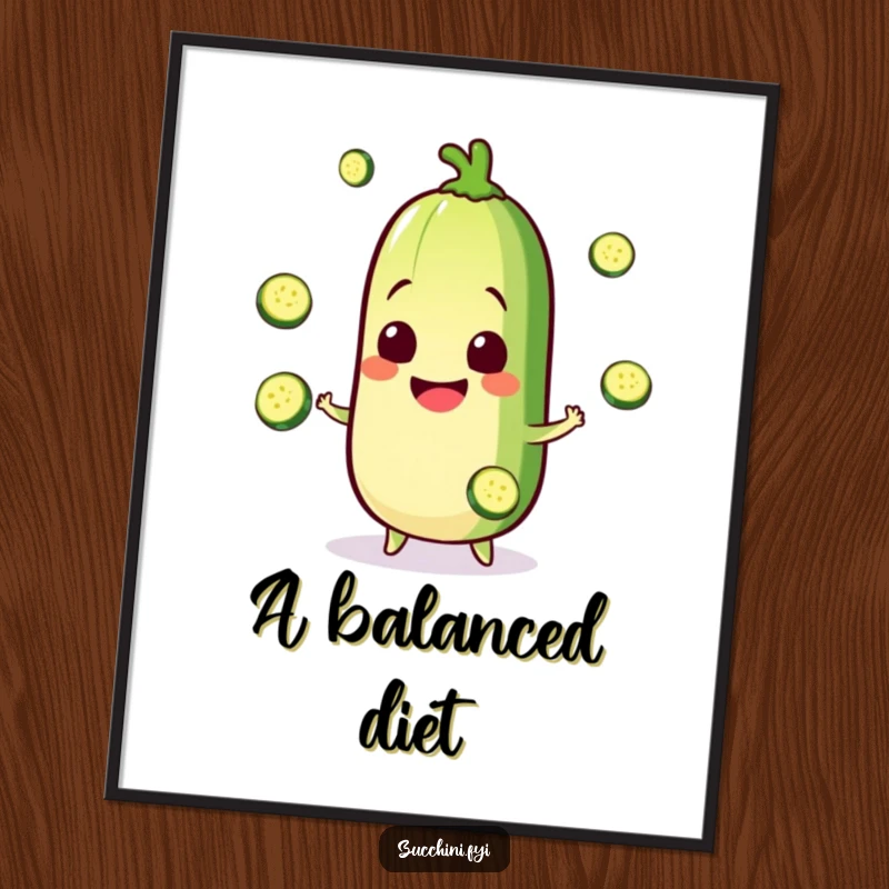 Funny Kawaii zucchini poster displaying a happy character juggling zucchini slices, perfect for kitchen art and a humorous gift.