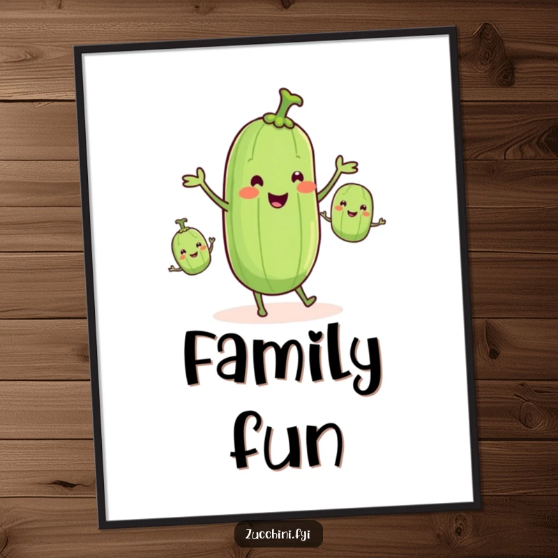 Funny zucchini juggling smaller zucchinis, depicted as humorous kitchen art, perfect funny gift.