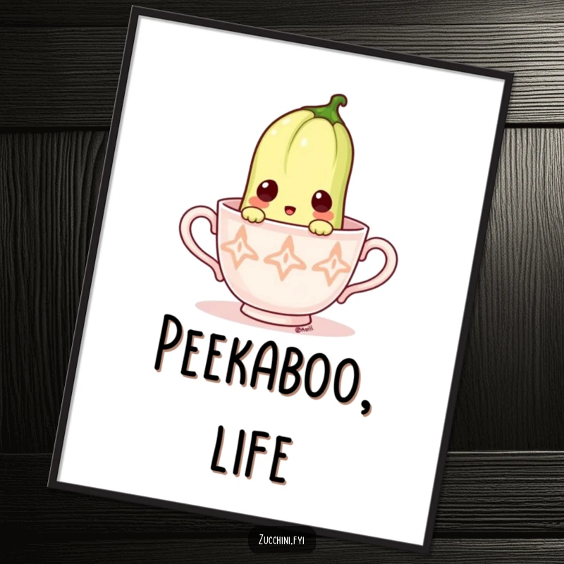 Funny Zucchini Poster: Surprised vegetable peeking from a tiny teacup, adding quirky humor and charm to wall decor.