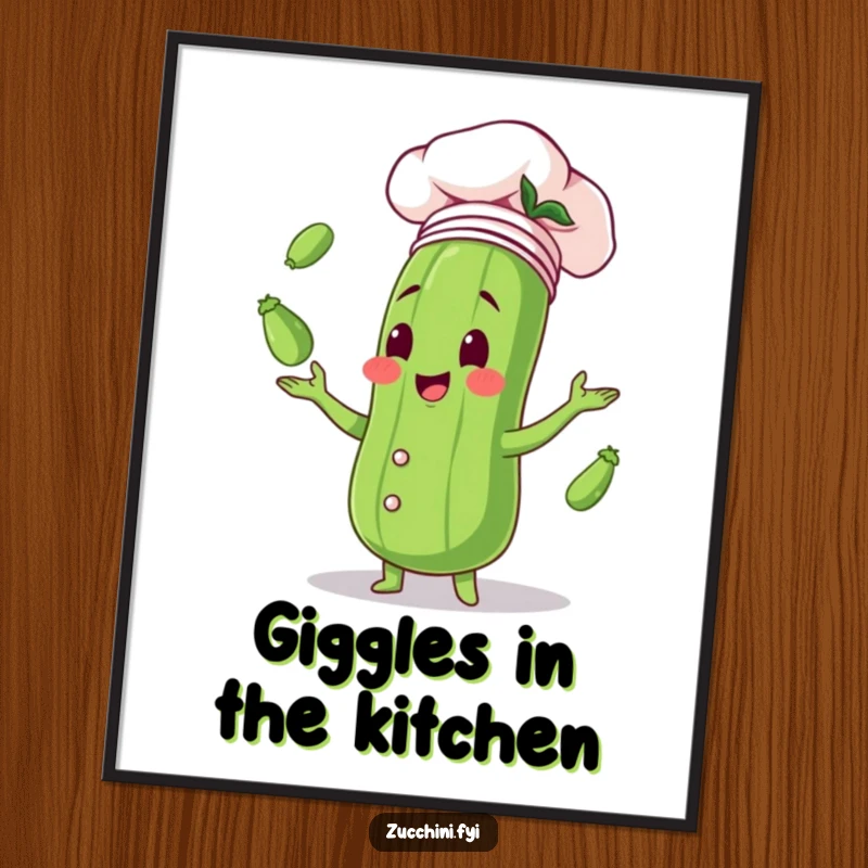 Funny poster showcasing a zucchini wearing a chef hat, skillfully juggling multiple small zucchinis with a look of immense joy, perfect for culinary spaces.