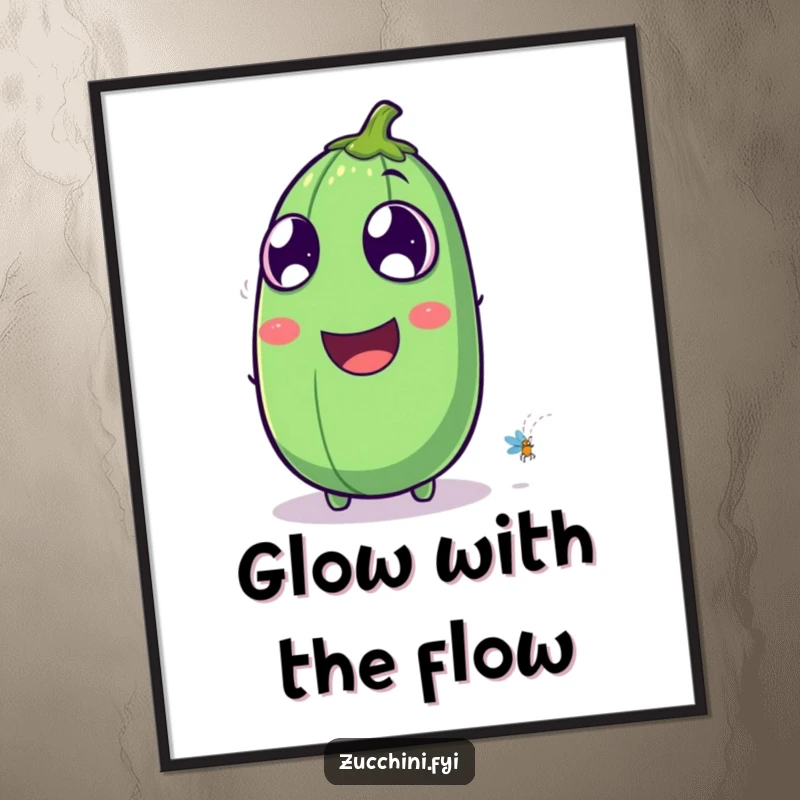 Funny laughing zucchini poster showing a zucchini with exaggerated eyes watching a tiny firefly, perfect for adding whimsical nighttime humor.
