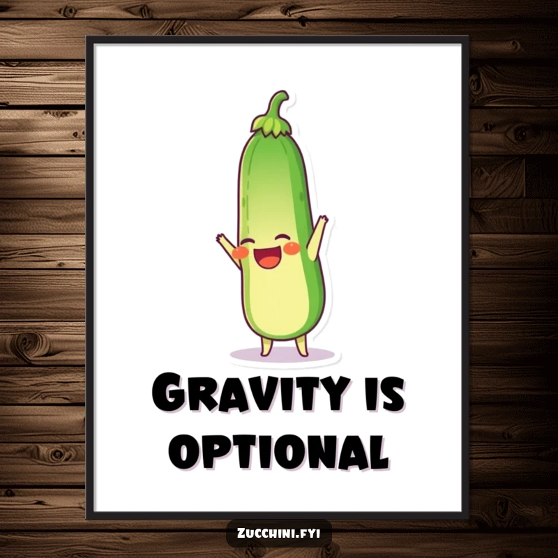 Funny poster of a laughing zucchini doing a handstand with its stem up, adding humorous, inverted energy to wall decor.