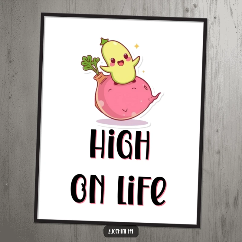 Funny giddy zucchini poster of an excited vegetable joyfully bouncing on a giant radish, a dynamic and humorous art piece.