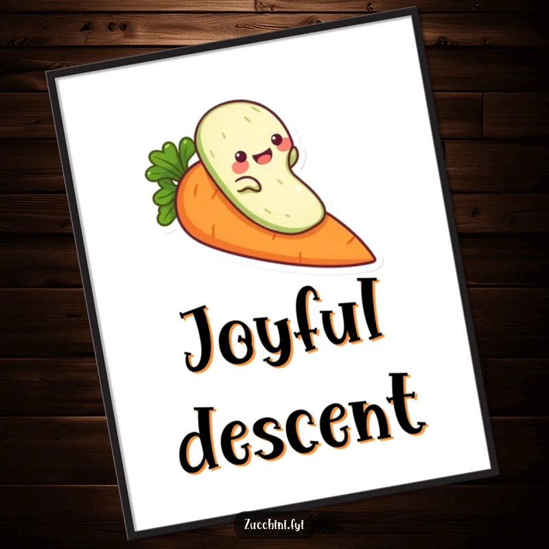 Funny zucchini poster, a playful veggie character sliding down a carrot, vibrant and humorous wall art.