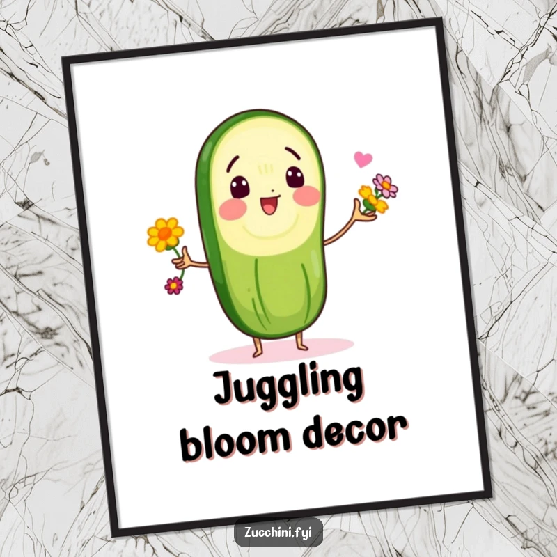 Funny poster showcasing a happy zucchini slice character juggling delicate edible flowers, a whimsical and artistic celebration of veggie joy.