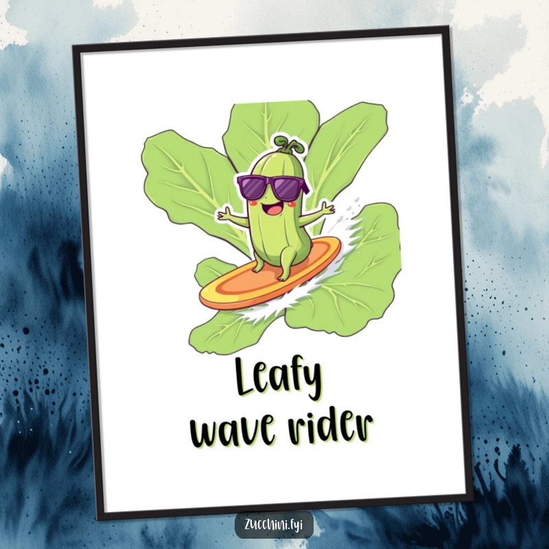 Funny zucchini in sunglasses giggling while surfing on a giant lettuce leaf, cool wall art.