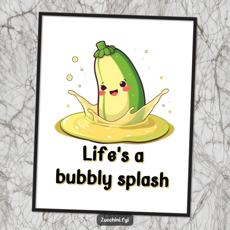 Funny poster of a happy zucchini splashing playfully in a puddle of sparkling juice, capturing a moment of pure, bubbly joy.