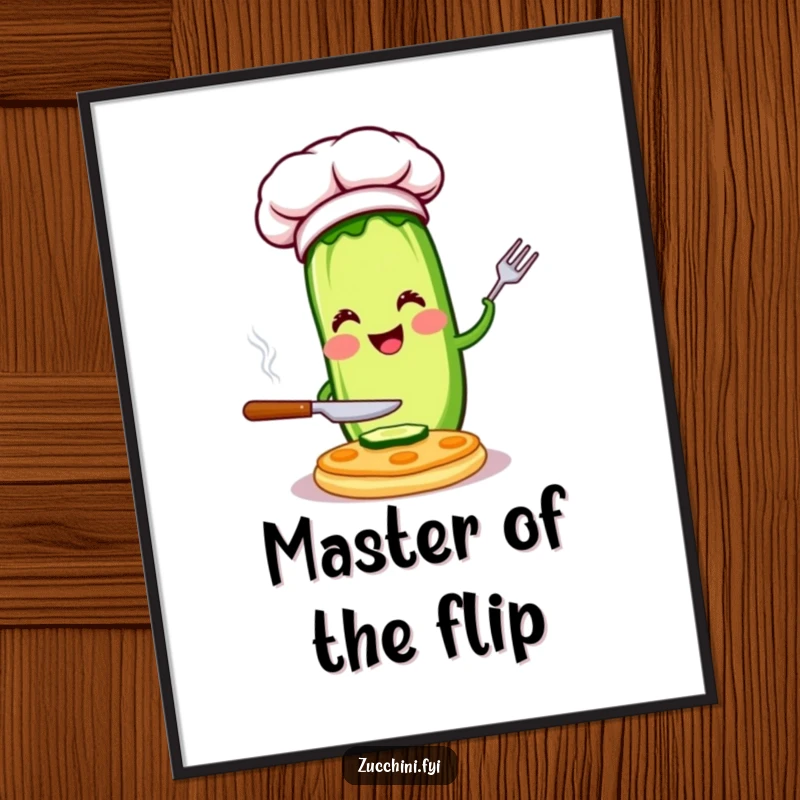 Funny chef zucchini poster displaying a happy character in a chef hat flipping a pancake, perfect for kitchen art and a humorous gift.