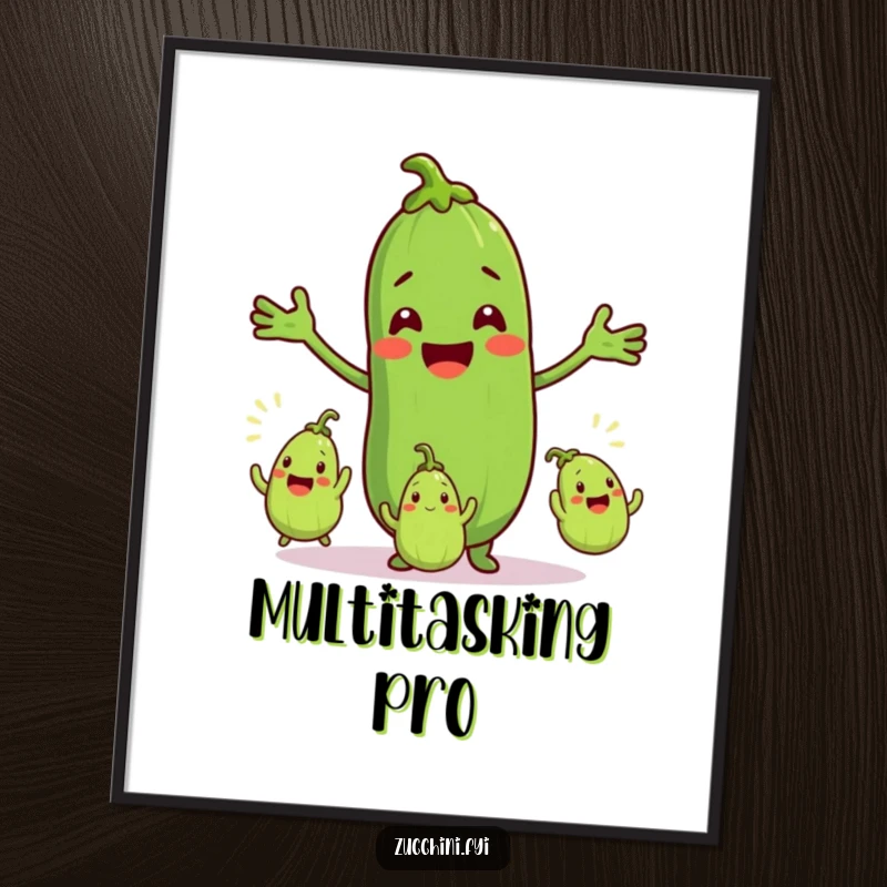 Funny poster showing a smiling zucchini character juggling three tiny, excited zucchinis, celebrating veggie life with a humorous, artistic touch.