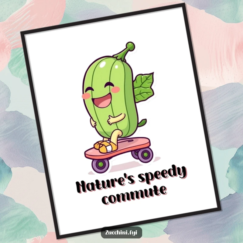 Funny poster showing a laughing zucchini character riding a leaf-made roller skate, capturing movement, joy, and vegetable-themed amusement.