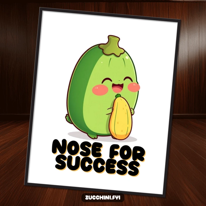 Funny poster print of a zucchini character giggling while balancing a miniature zucchini on its nose. Skillful and humorous artwork.